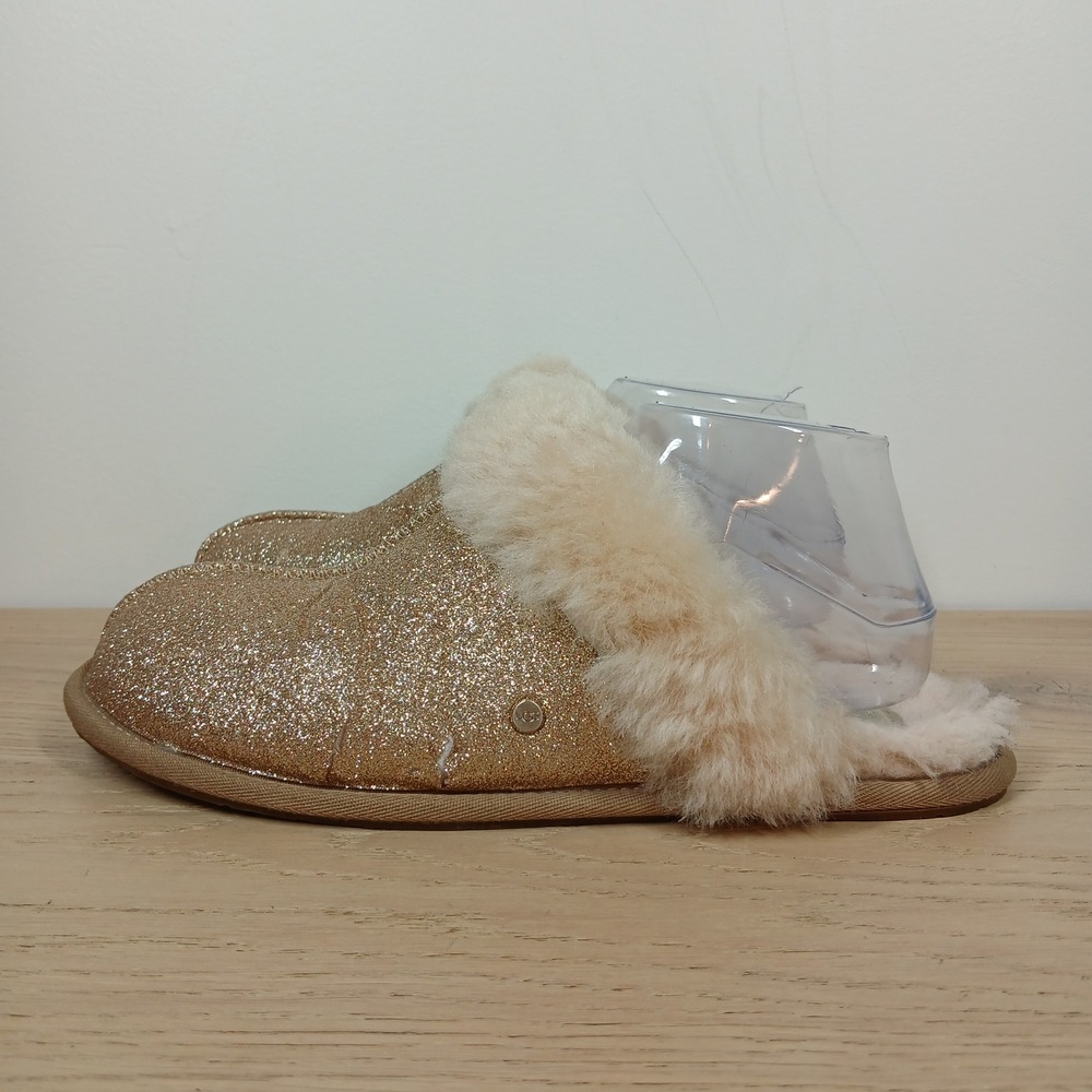 UGG Slippers Womens US 10 Gold Glitter Sheepskin Fur Trim Scuffette II